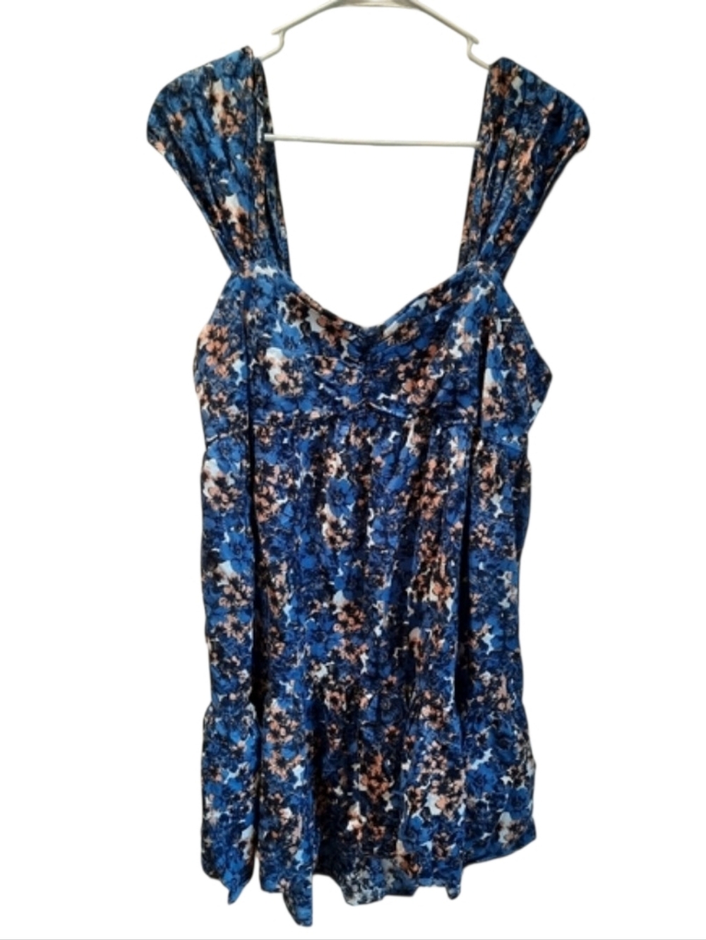 Free People Dress Womans Large Blue Floral Mini Sleeveless Ruffle Linen Party